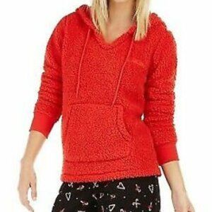 Jenni Womens Sweater S Red Faux Sherpa Cozy Hood